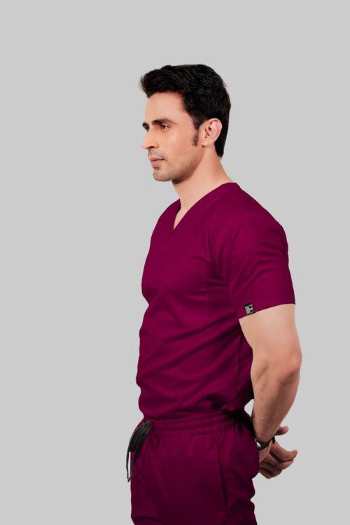 Stretchable (2Way) Male Wine V-Neck With Straight Pant Scrub Set