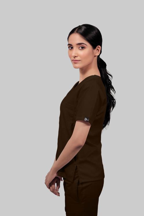 Stretchable (4Way) Female Brown V-Neck Scrub Top