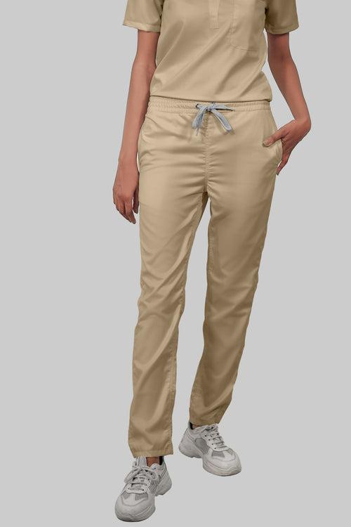 Stretchable (4Way) Female Beige Mandarin Neck With Straight Pant Scrub Set