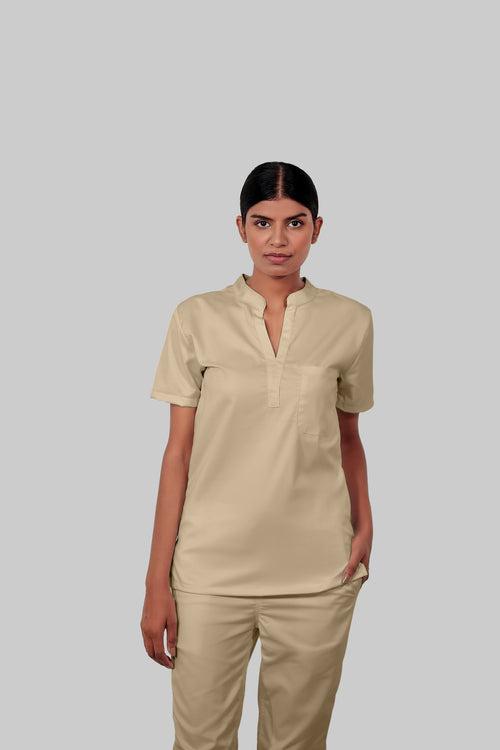 Stretchable (4Way) Female Beige Mandarin Neck With Straight Pant Scrub Set