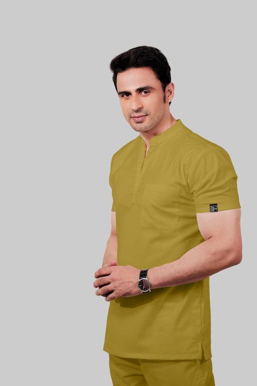 Stretchable (2Way) Male Mustard Mandarin Neck With Straight Pant Scrub Set