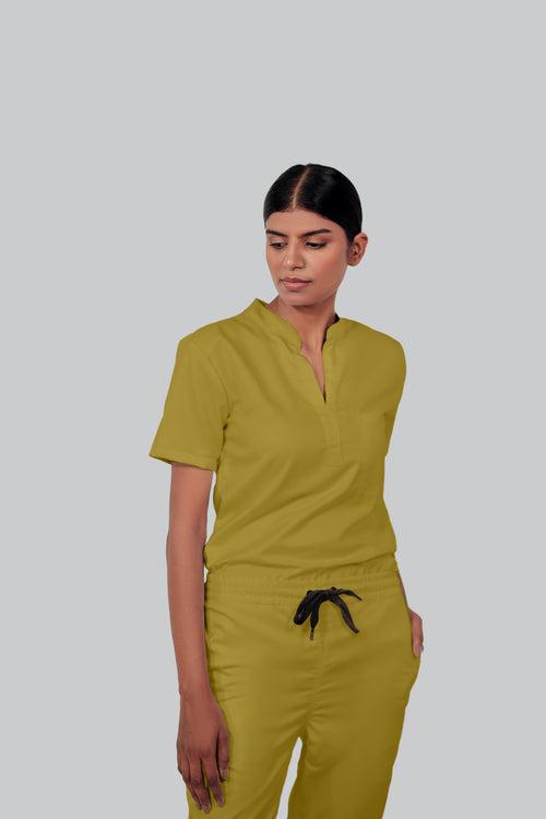 Stretchable (2Way) Female Mustard Mandarin Neck With Straight Pant Scrub Set