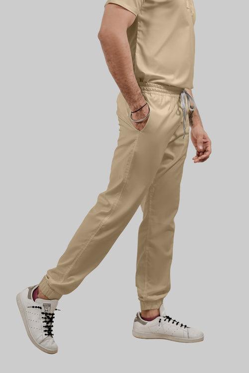 Stretchable (4Way) Female Beige Mandarin Neck With Jogger Scrub Scrub Set