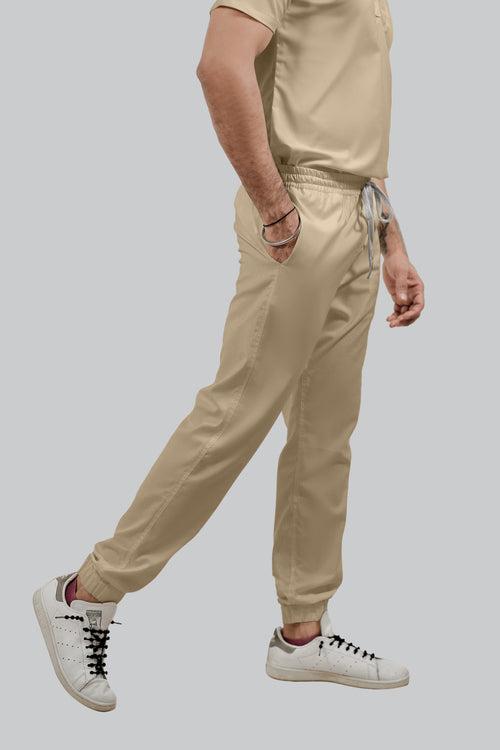 Stretchable (4Way) Male Beige V-Neck With Jogger Scrub Set