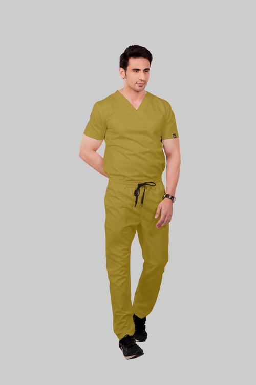 Stretchable (2Way) Male Mustard V-Neck With Straight Pant Scrub Set