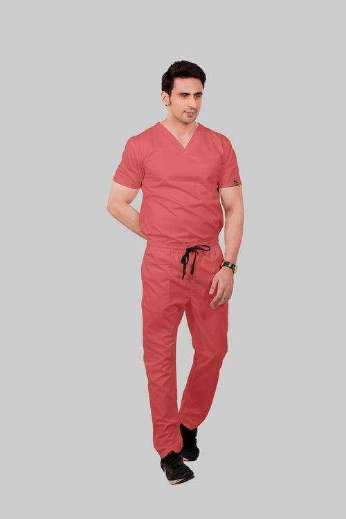 Stretchable (2Way) Male Peach V-Neck With Straight Pant Scrub Set