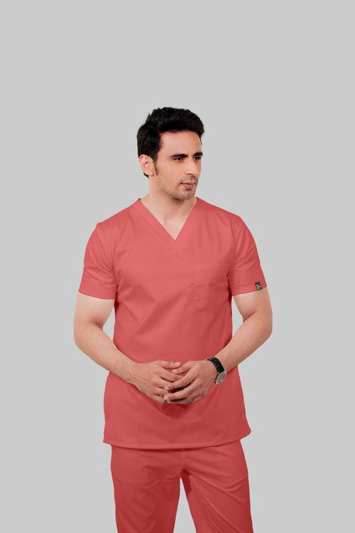 Stretchable (2Way) Male Peach V-Neck With Straight Pant Scrub Set