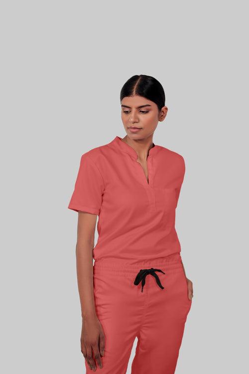 Stretchable (2Way) Female Peach Mandarin Neck With Jogger Scrub Set