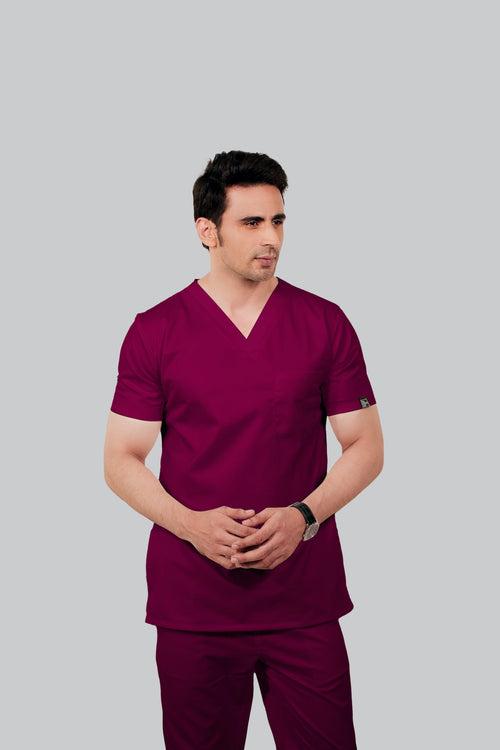 Stretchable (2Way) Male Wine V-Neck Scrub Top