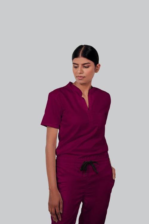 Stretchable (4Way) Female Wine Mandarin Neck Scrub Top