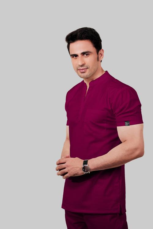 Stretchable (2Way) Male Wine Mandarin Neck Scrub Top