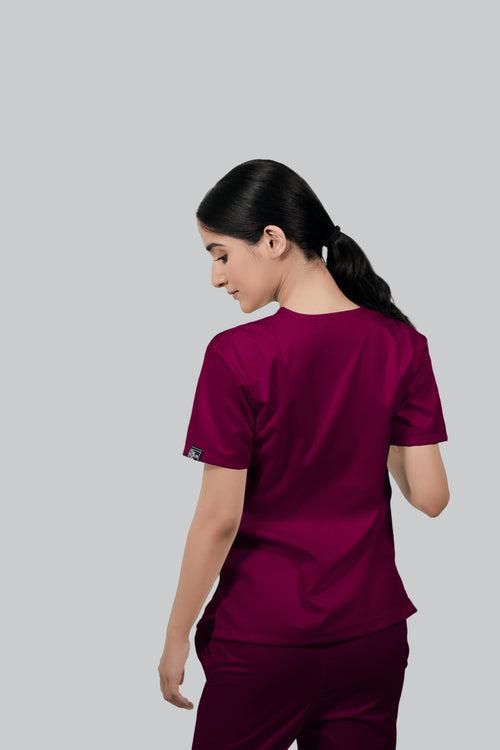 Stretchable (2Way) Female Wine V-Neck With Jogger Scrub Set