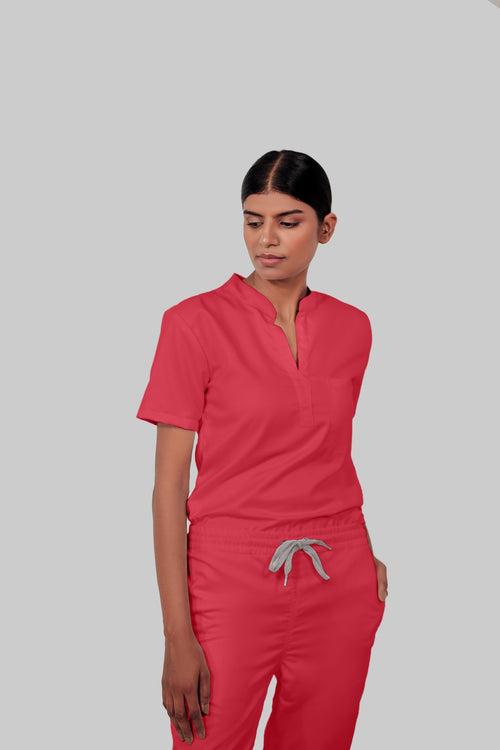 Stretchable (2Way) Female Coral Mandarin Neck With Straight Pant Scrub Set