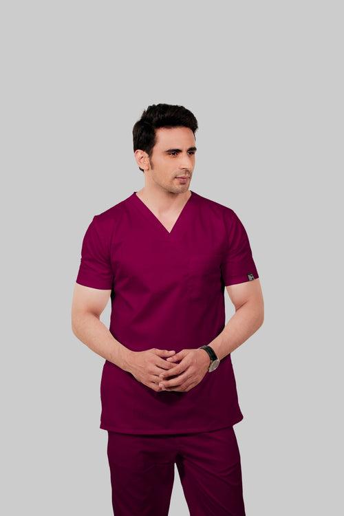 Stretchable (2Way) Male Wine V-Neck With Straight Pant Scrub Set