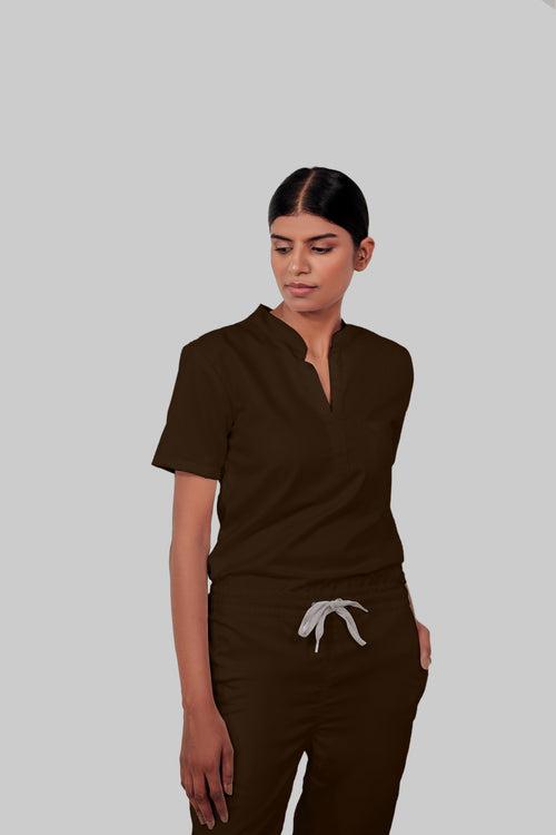 Stretchable (4Way) Female Brown Mandarin Neck With Straight Pant Scrub Set