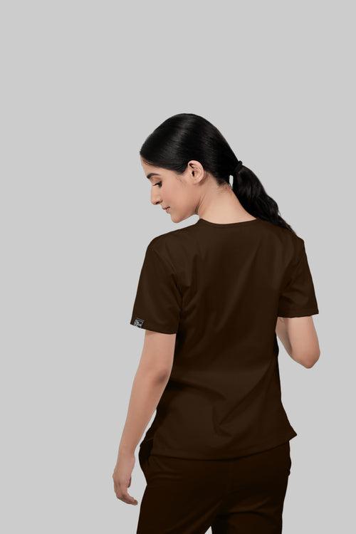 Stretchable (4Way) Female Brown V-Neck Scrub Top