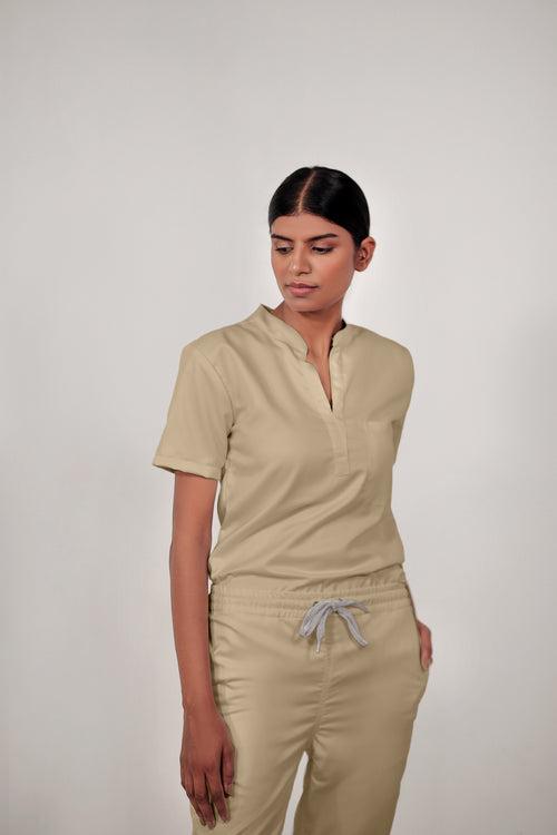 Stretchable (4Way) Female Beige Mandarin Neck With Jogger Scrub Scrub Set