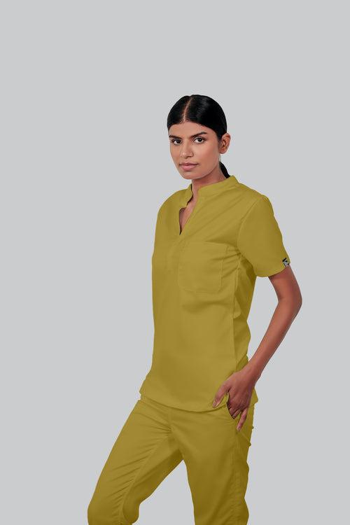 Stretchable (2Way) Female Mustard Mandarin Neck With Jogger Scrub Set