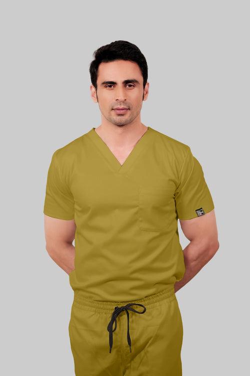 Stretchable (2Way) Male Mustard V-Neck With Straight Pant Scrub Set
