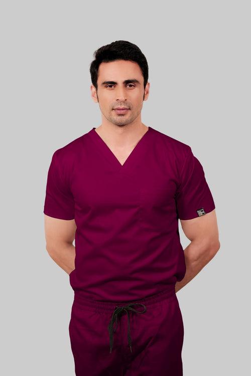 Stretchable (2Way) Male Wine V-Neck With Jogger Scrub Set