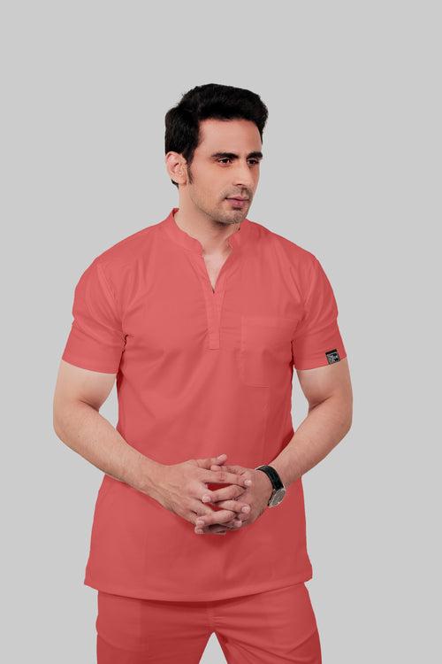 Stretchable (2Way) Male Peach Mandarin Neck With Straight Pant Scrub Set