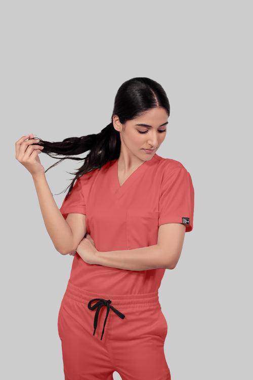 Stretchable (2Way) Female Peach V-Neck Scrub Top