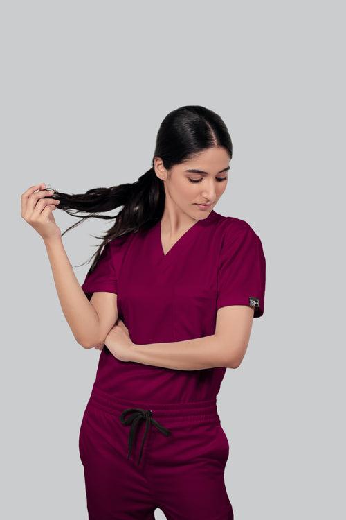 Stretchable (2Way) Female Wine V-Neck Scrub Scrub Top