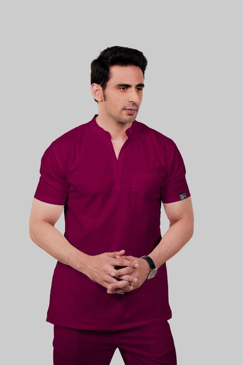 Stretchable (4Way) Male Wine Mandarin Neck Scrub Top