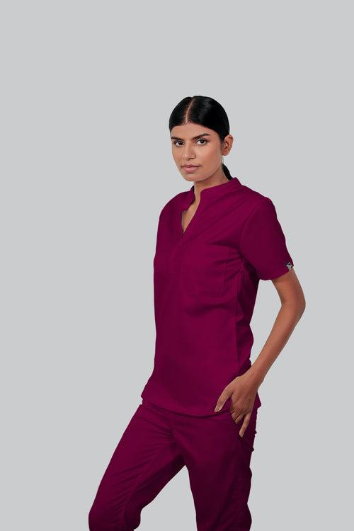 Stretchable (2Way) Female Wine Mandarin Neck Scrub Top