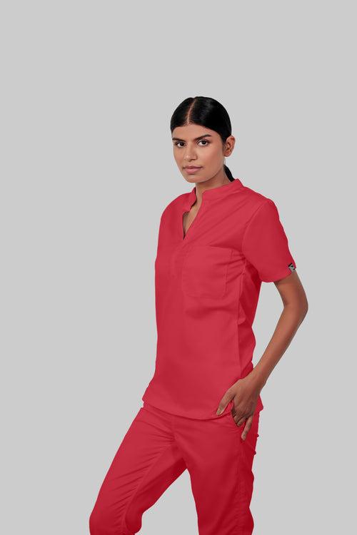 Stretchable (2Way) Female Coral Mandarin Neck Scrub Top