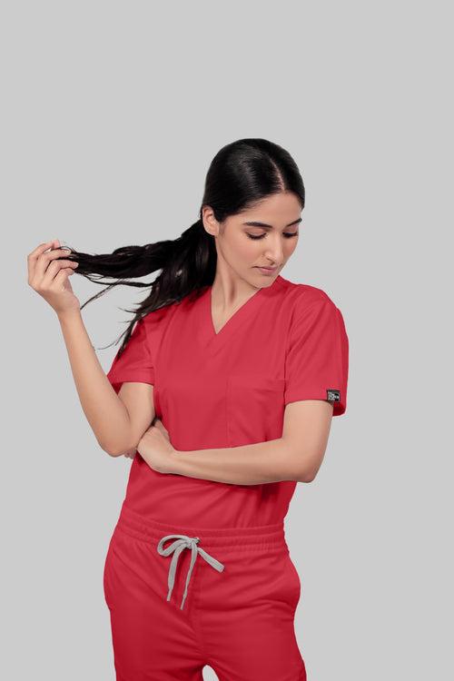 Stretchable (2Way) Female Coral V-Neck With Straight Pant Scrub Set