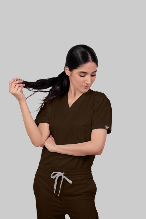 Stretchable (4Way) Female Brown V-Neck Scrub Top