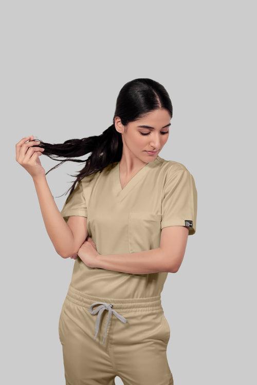 Stretchable (4Way) Female Beige V-Neck With Jogger Scrub Set