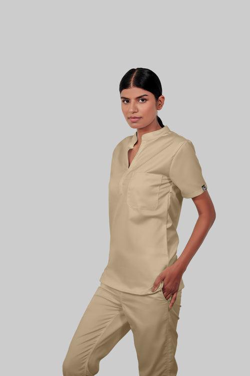 Stretchable (4Way) Female Beige Mandarin Neck Scrub Top