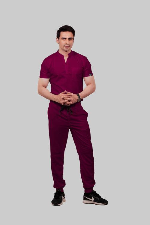 Stretchable (4Way) Male Wine Mandarin Neck With Jogger Scrub Set