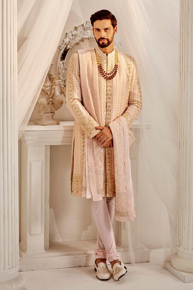 Powder Peach Lucknawi Sherwani Set