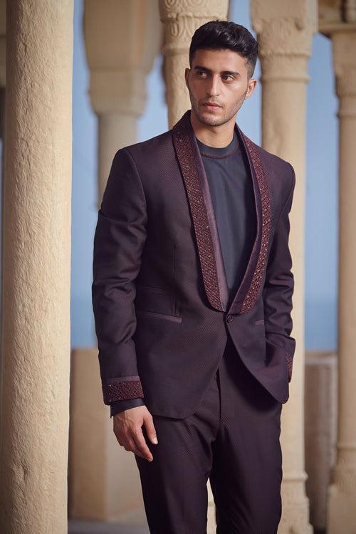 Wine Tuxedo With Lapel And Cuff Work (Tone On Tone)