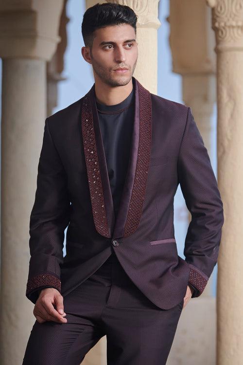 Wine Tuxedo With Lapel And Cuff Work (Tone On Tone)
