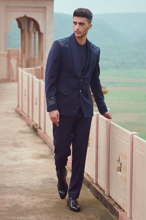 Navy Blue Tuxedo With Shoulder And Sleeve Embroidery