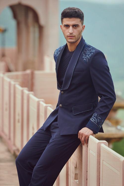 Navy Blue Tuxedo With Shoulder And Sleeve Embroidery