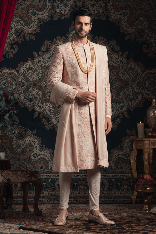 Light Peach bird detail Sherwani Set