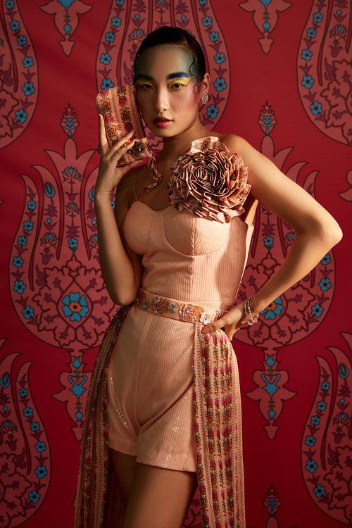 Peach Seq Jumpsuit Gerogette Lotus Print With Belt Drape