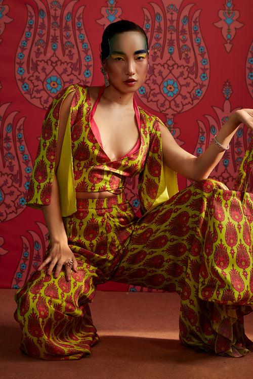 Neon Lotus Print Tie-up Blouse, Bella Pants With Bikini Top