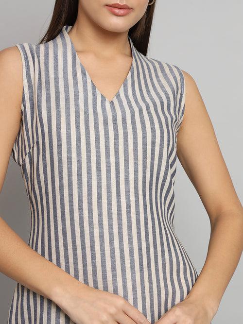 A-line Stripes Poly Linen Dress- Blue and Beige