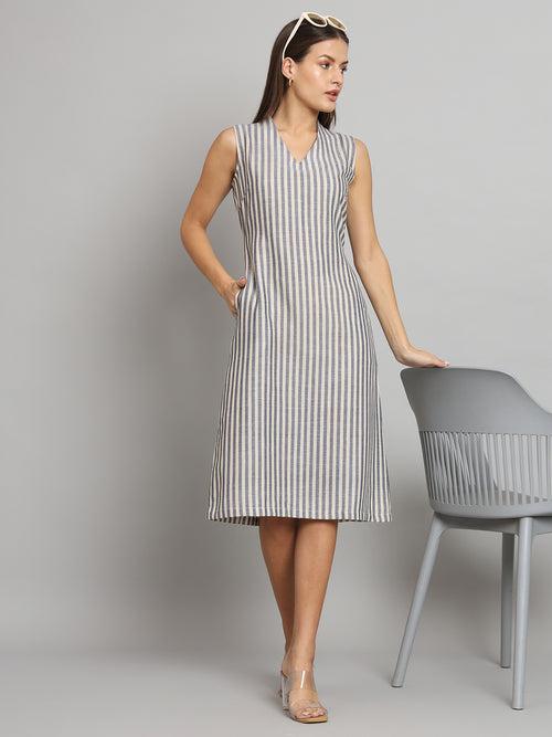 A-line Stripes Poly Linen Dress- Blue and Beige