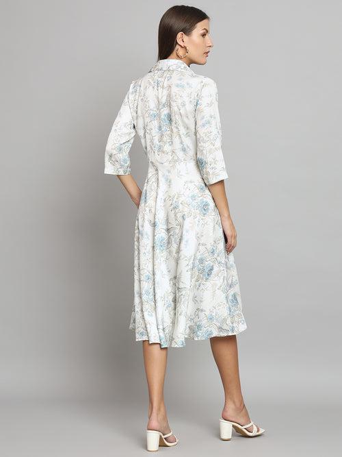 Collared Neck Floral Dress- White