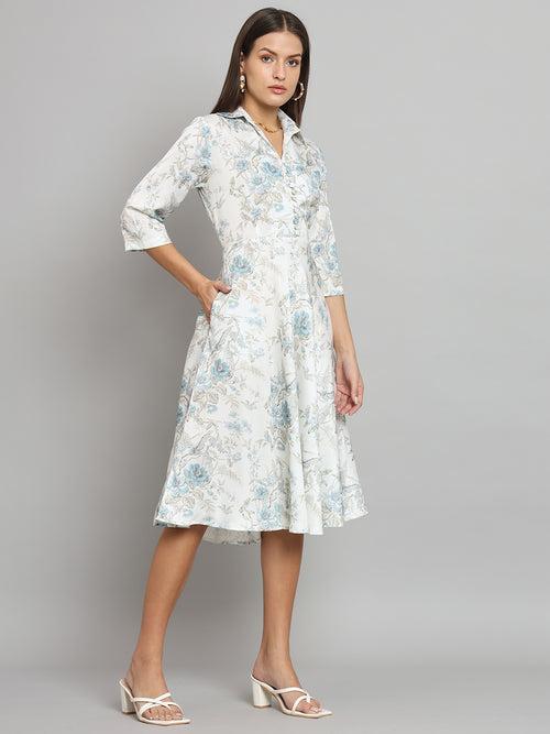 Collared Neck Floral Dress- White