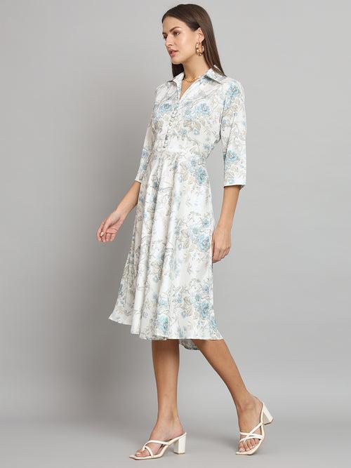 Collared Neck Floral Dress- White