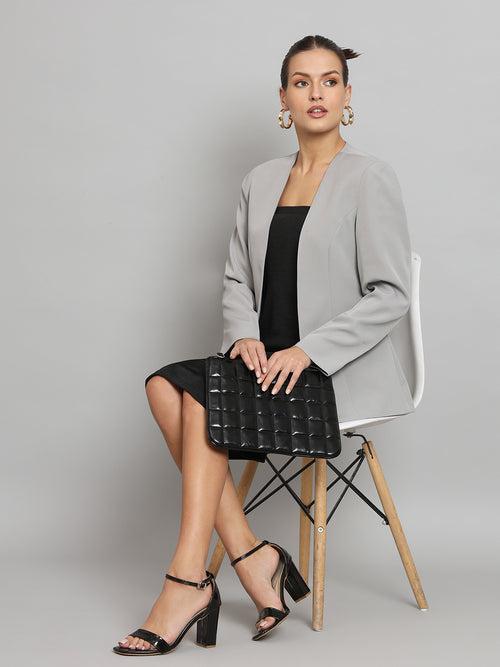 Lapel less Stretch Blazer- Grey