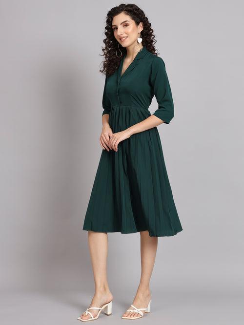 Pleated Flare Dress - Bottle Green